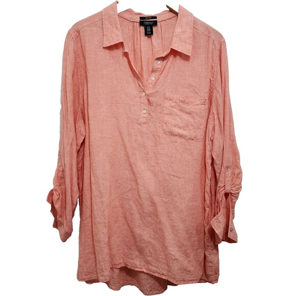 Jones New York Tops - Jones & Co 100% Linen Popover Coral Long Tab Sleeve Coastal Shirt Plus Size 1X